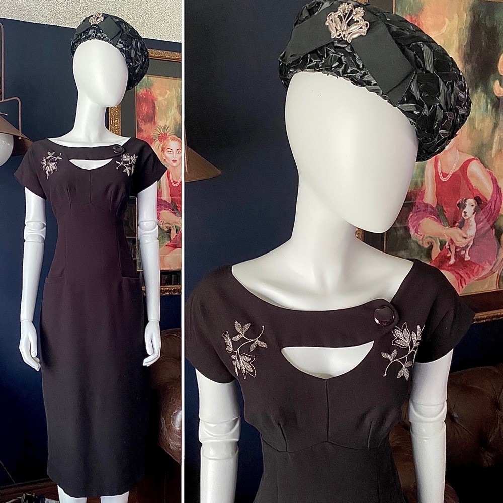 Vintage Styled Modern Black Dress w/ Silver Embroidery & Front Pockets